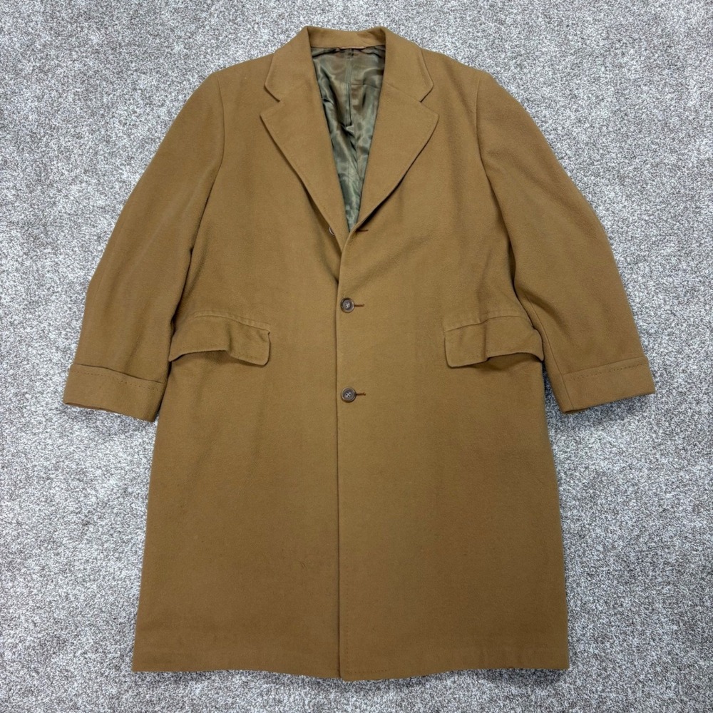 VTG Karamai Overcoat Mens 48R Camel Brown 100% Pure Cashmere Long Trench Coat